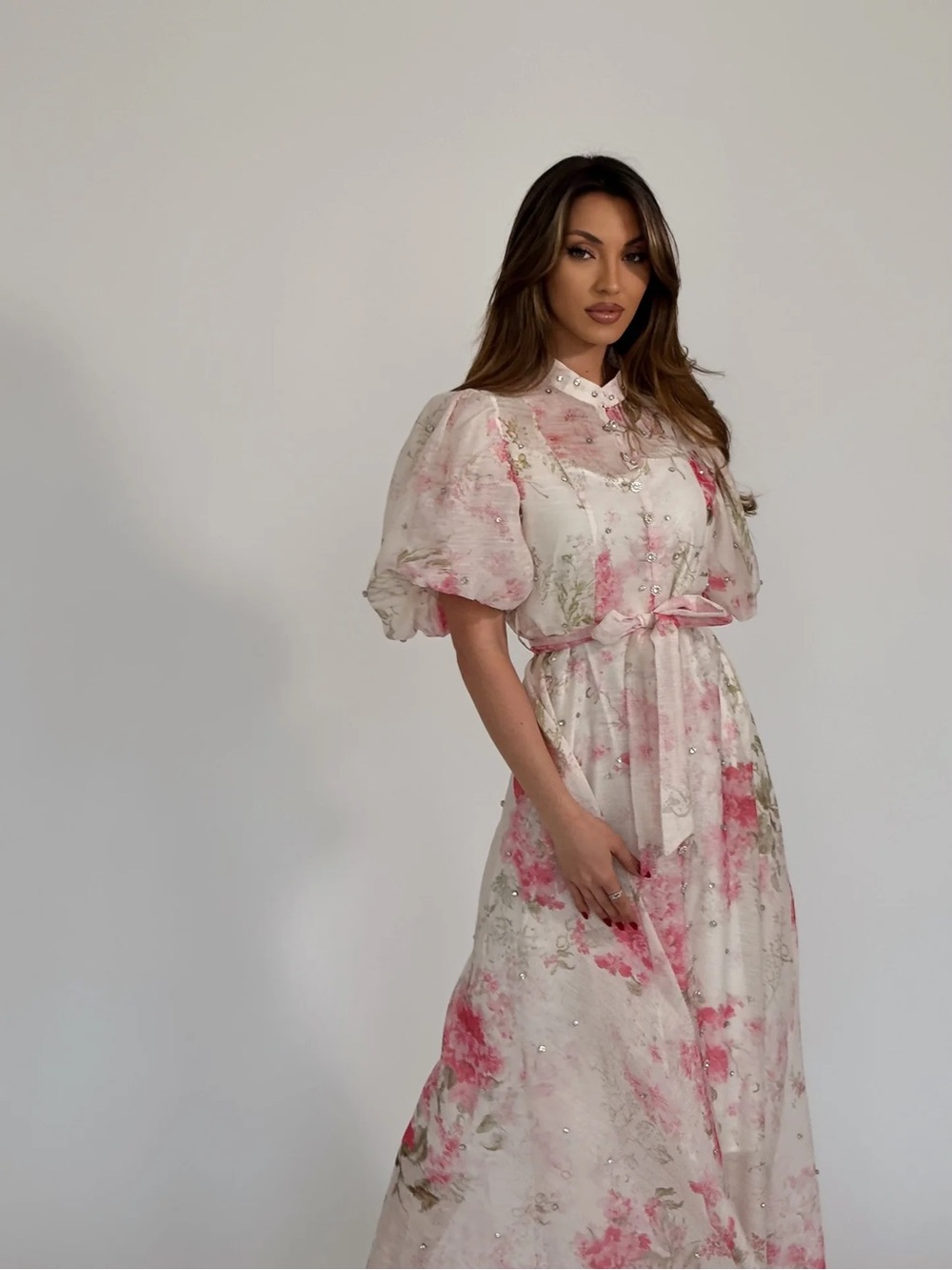 Rhinestone Pink Floral Maxi Dress
